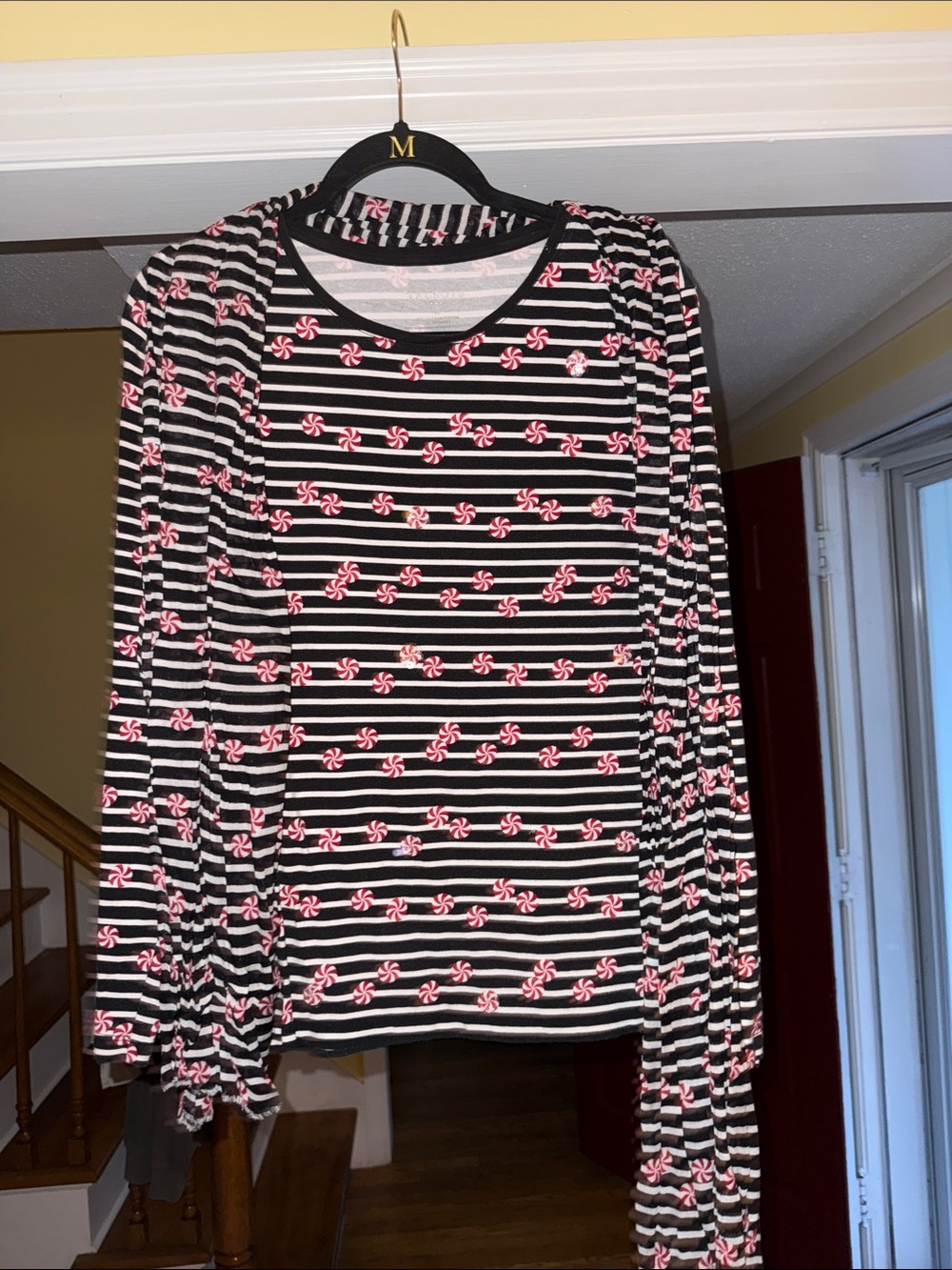 Talbots Black & White Striped Long-Sleeve Top with Pink Candy Print